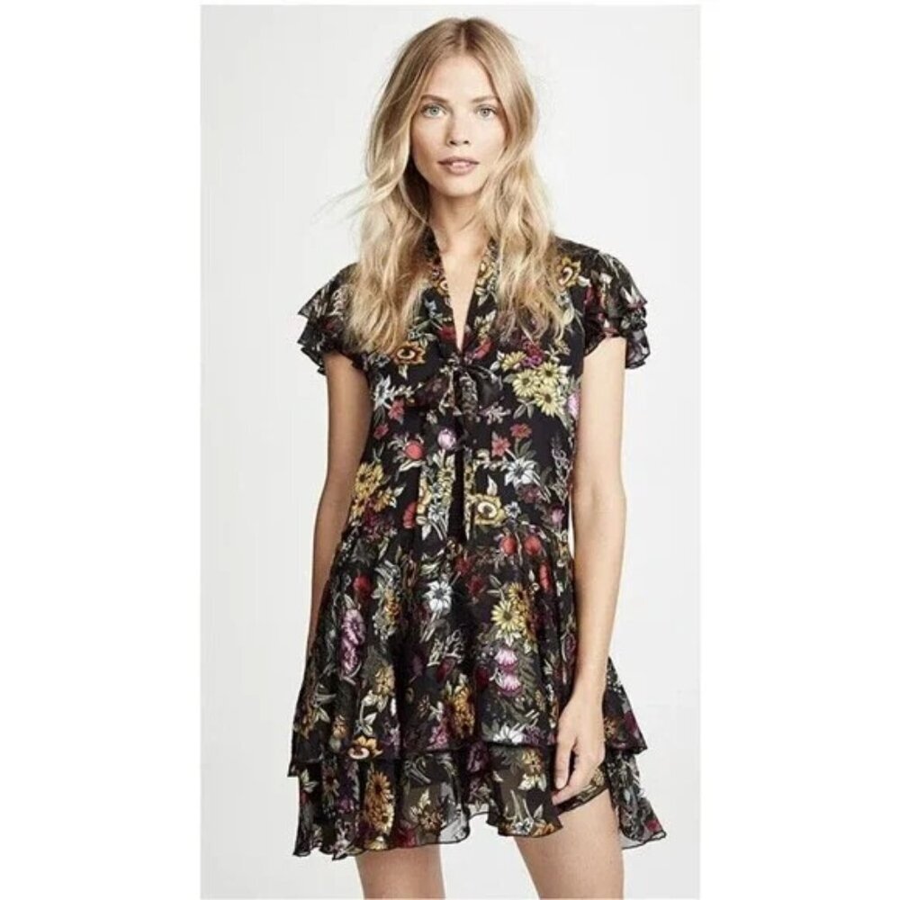 NEW Alice + Olivia Moore Western Floral Tie Neck Layered Dress $440